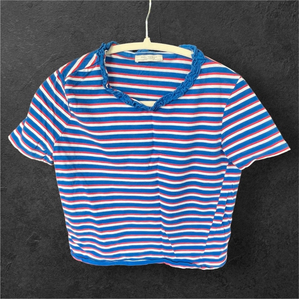 🌻Zara Trafaluc Striped Ruffled Collar Shirt Red/White/Blue 🇺🇸